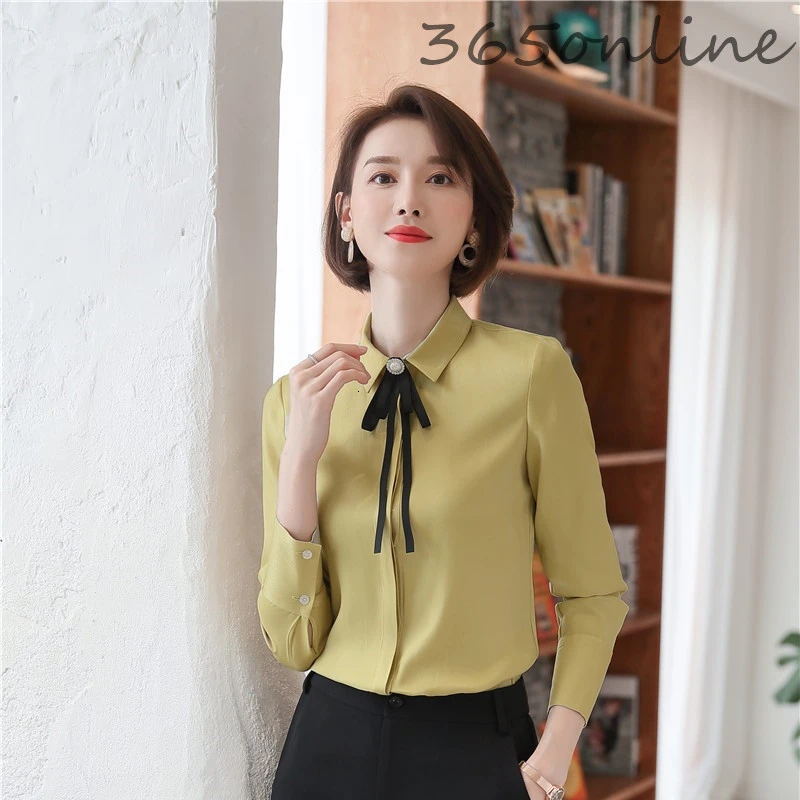 Новинка желтые женские модные блузки с длинным рукавом рубашки весна осень