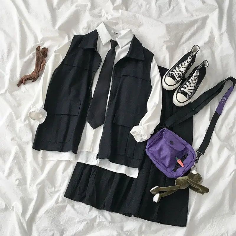 

Women Sets Ulzzang White Shirts Sleeveless Cargo Open Stitch Vest High Waist Pleated Skirts 3 Pieces Solid Chic Office Students