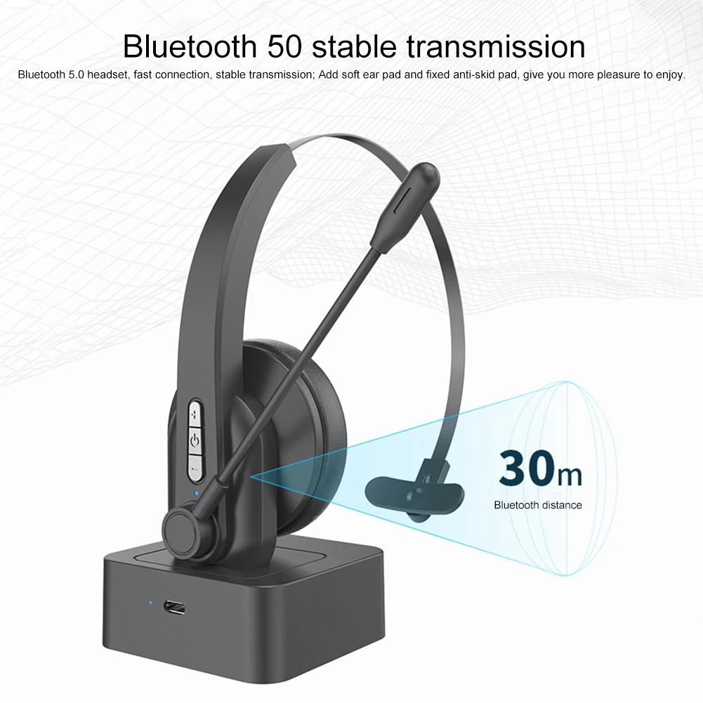 Bluetooth 5.0 Headset Wireless Handsfree with Microphone Charging Base On Ear Headphone for Car Truck Driver | Электроника