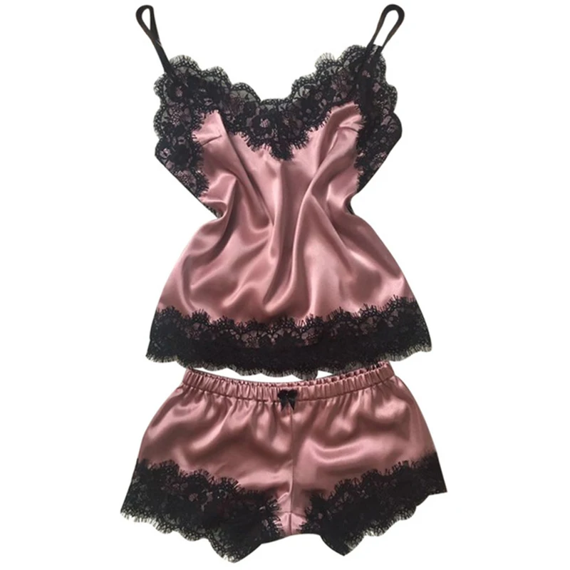 Women Summer Pajama Set Sexy Sleeveless Adjustable Straps Tops And Soft Sleep Shorts Comfortable Lace Satin Silk Sleepwear | Женская