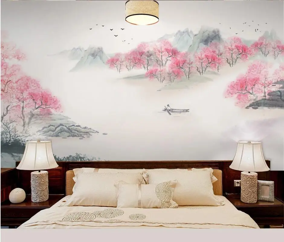 

AINYOOUSEM Chinese ink landscape peach blossom background wall wallpaper papel de parede 3d wallpaper wallpapers stickers