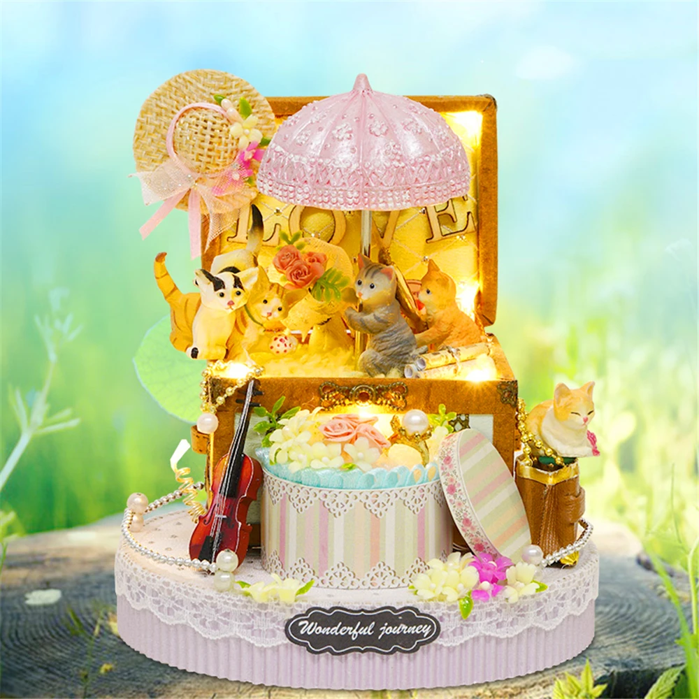 

Музыкальная шкатулка с изображением кота, конфет, самодельный светодиодный замок в небе, бутик из дерева, подарок на день рождения, рождеств...