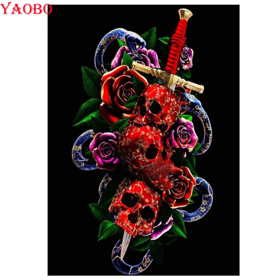 

Алмазная живопись «череп, цветок, меч», мозаика из страз «сделай сам», полная выкладка, 5d Вышивка крестиком, картина-пазл