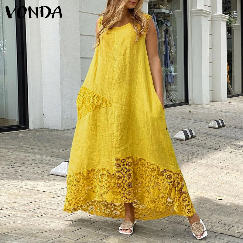 

Women'Summer Sundress Vintage Lace Patchwork Asymmetric Party Dress 2022 VONDA Beach Dresses Bohemian Vestidos Robe