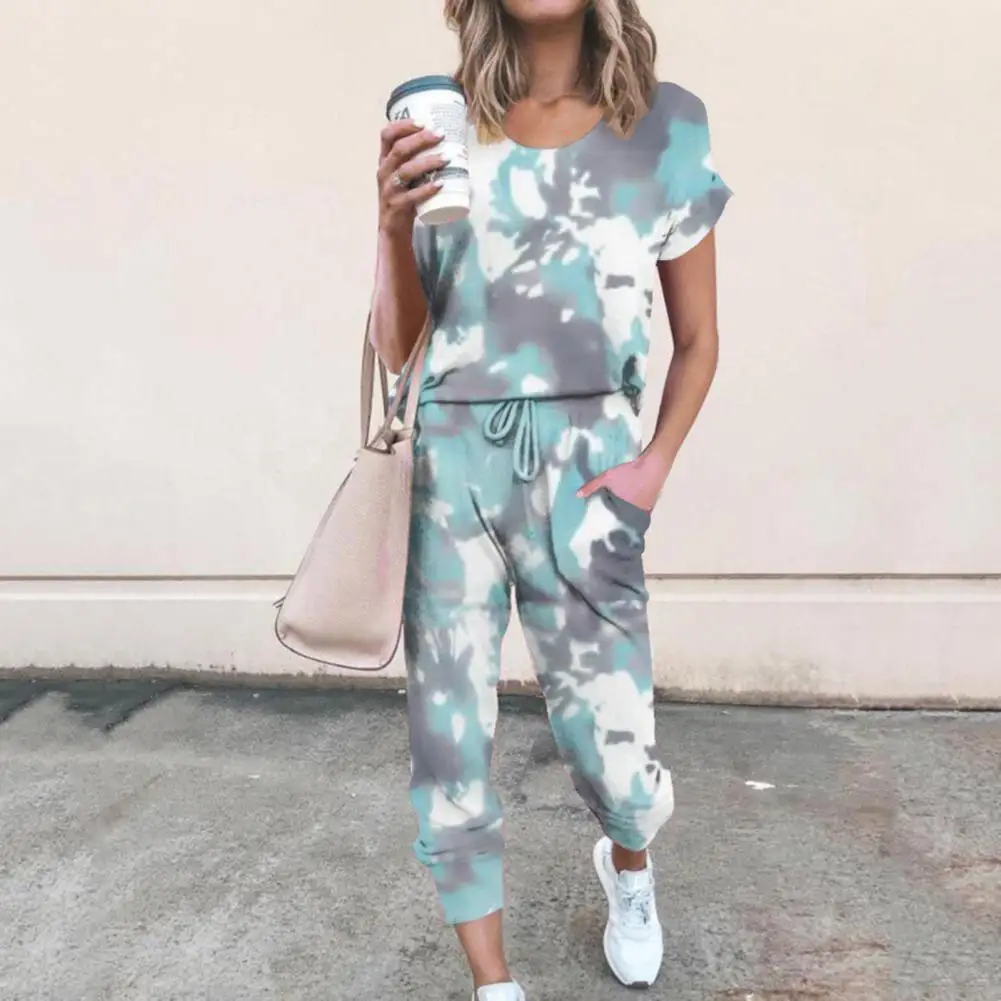 

Women Short Sleeve T-shirt Drawstring Pants Outfit Tie Dye Sports Suit Loose Casual Tracksuit Loungewear 2021 Spring Summer