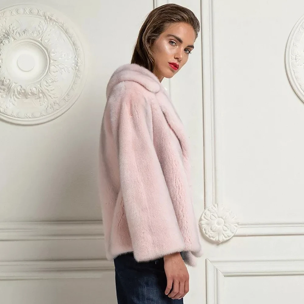 Пальто женское из натуральной норки TOPFUR розовое пальто кожи с отложным