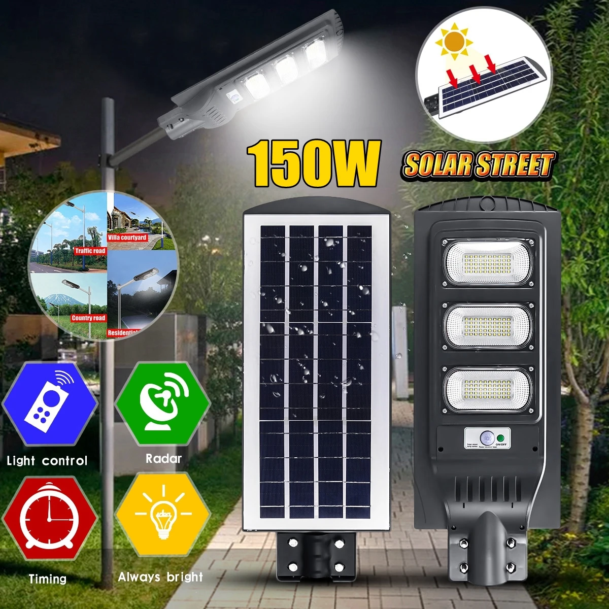 60/90/150W LED Wall Lamp IP65 Solar Street Light Radar motion 2 In 1 Constantly bright& Induction Solar Sensor Remote Control