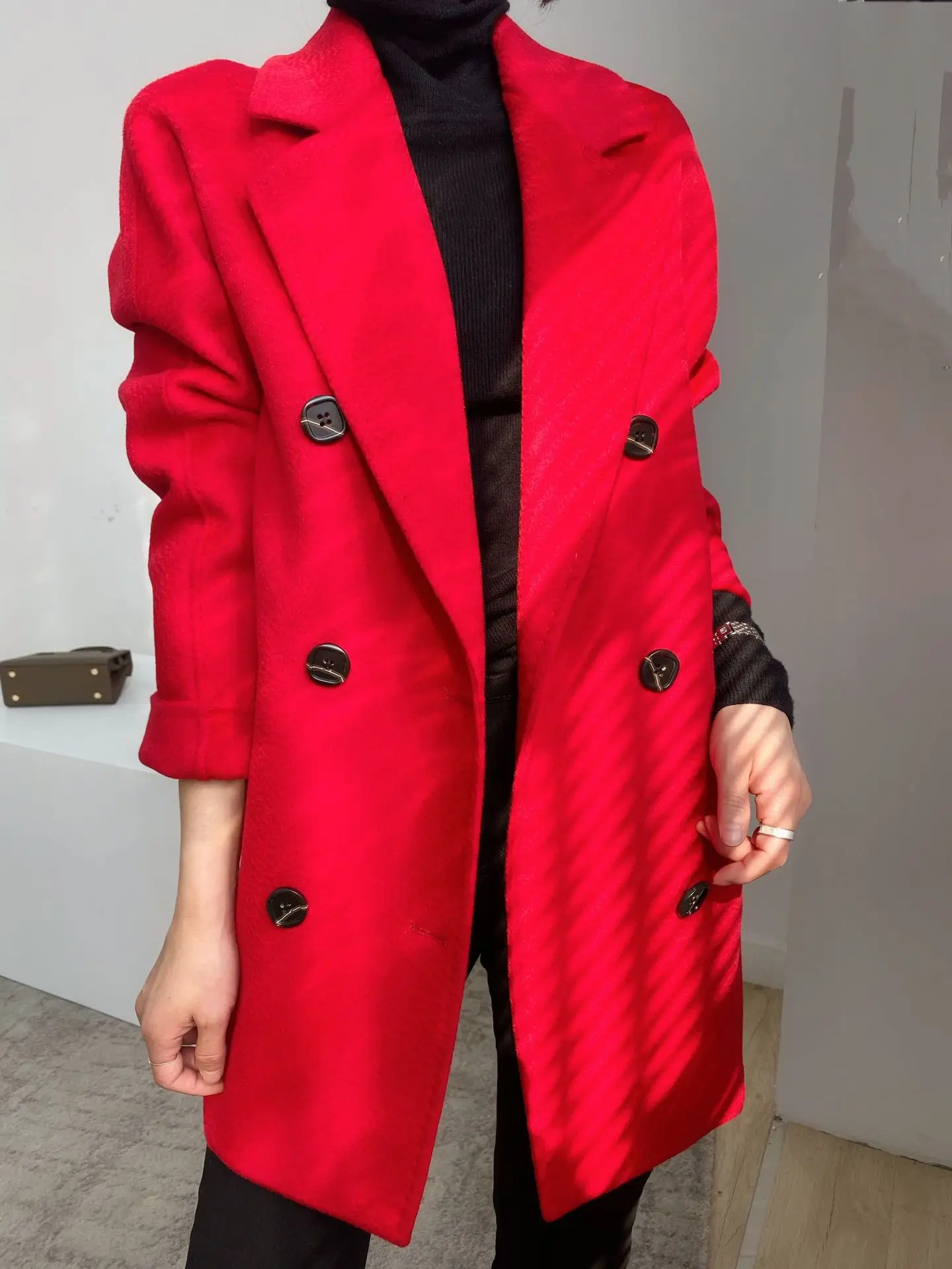 

Winter Water Ripple Double-sided Wool Coat Medium-size Coat Wool double breasted Women Wool Coat Tweed Jacket Belted Wool Coat
