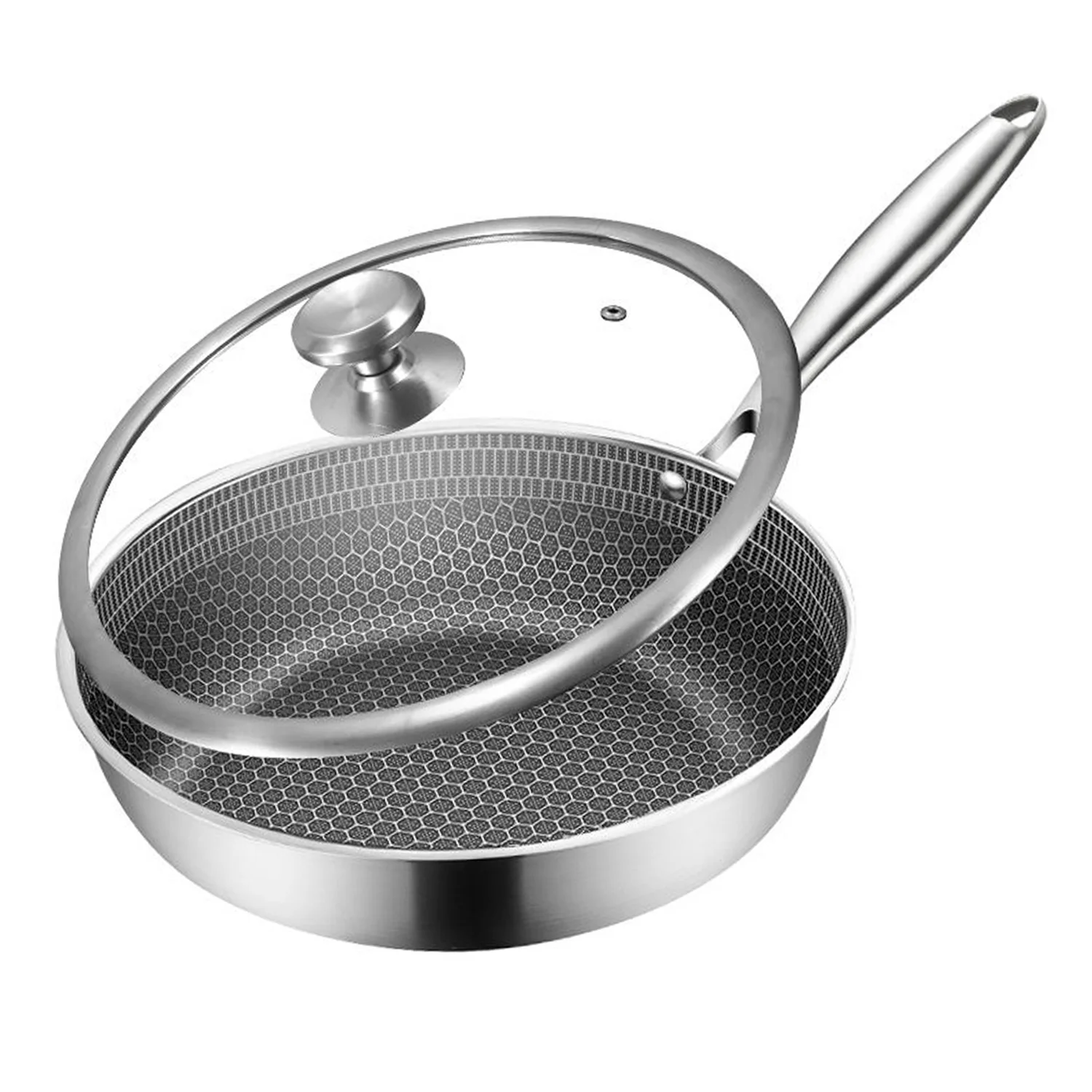

Schnesland 304 Stainless Steel Frying Pans with Glass Lid Non-stick Uncoated Skillet Wok Pan