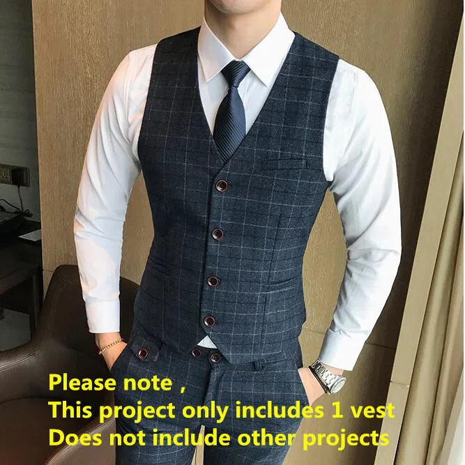 60 Navy blue Vest Роскошный мужской клетчатый жилет, костюм, брюки,, Мужская официальная одежда, свадебное платье, большой размер, повседневный деловой мужской костюм, жилет, брюки - Цвет: 60 Navy blue Vest