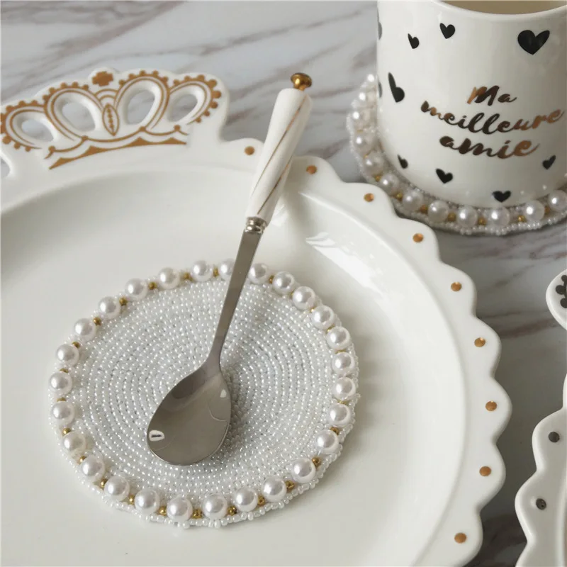 Жемчужные салфетки ручной работы для чашек романтичные коврики обеденного стола