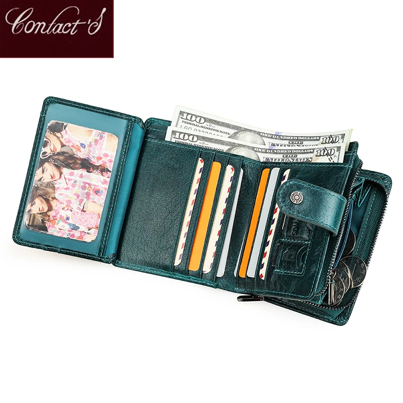 Contact's Genuine Leather Wallet Women Rifd Small Card Holder Wallets Ladies Blue Coin Purse Portfel Fashion Trifold Clutch Bag