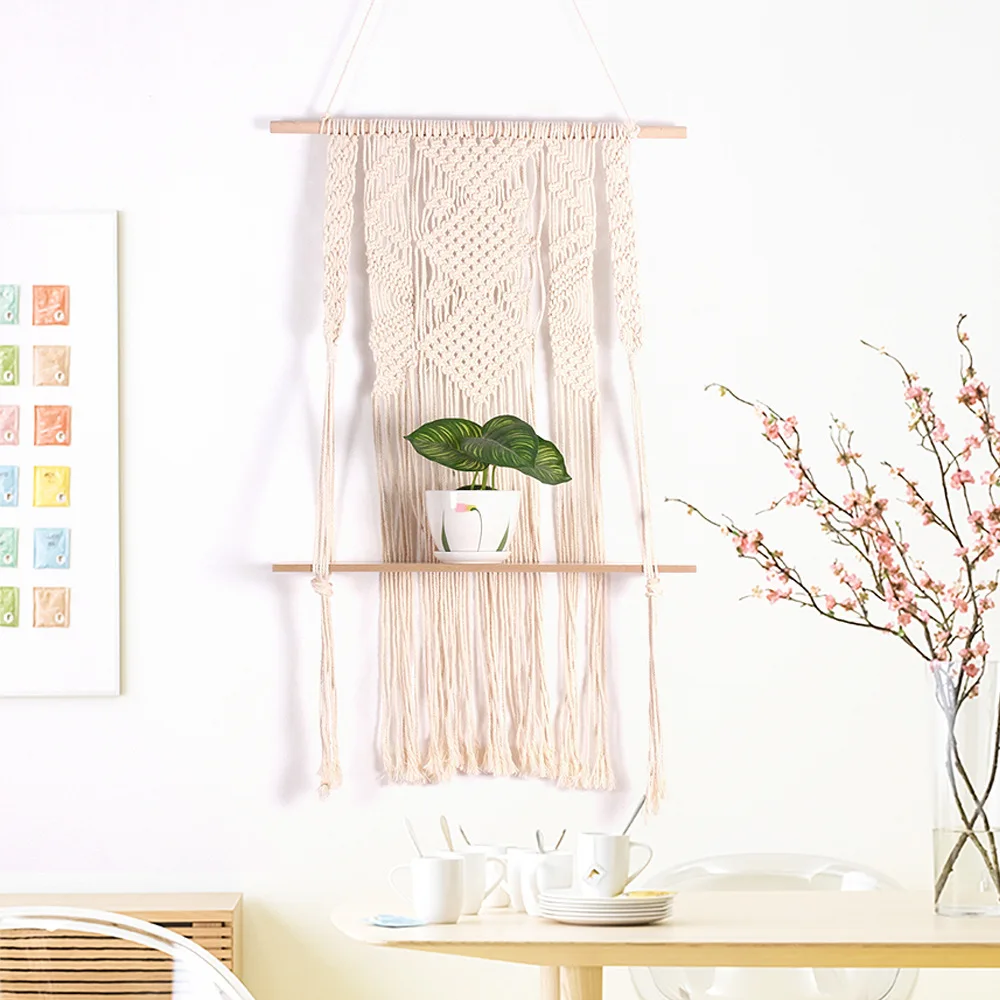 

Home Decoration Macrame Rope Tapestry Rack Wooden Shelf Floating Shelf Plant Rack Hanging Rope Wall Shelves Crafts