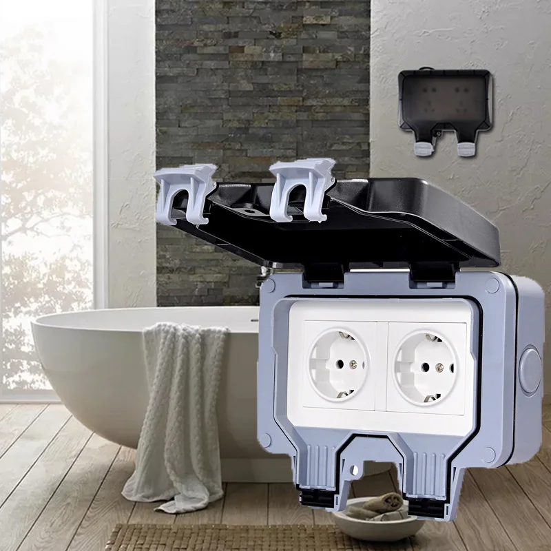 

Bathroom EU Socket IP66 Waterproof Outdoor Wall Power Socket 16A Double EU Standard Electrical Outlet Grounded AC 110 ~ 250V