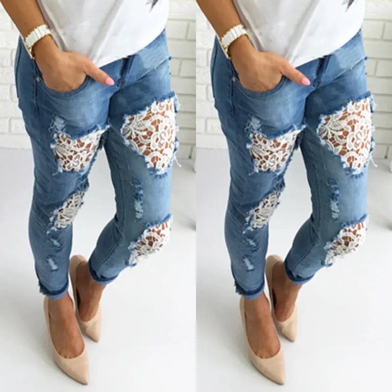

2021 Popular Lace Hollow Hole Low Waist Women's Jeans Ankle-Length Pants for Women