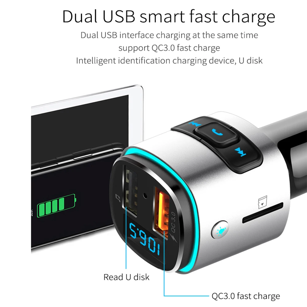 VicTsing Bluetooth 4,2 fm-передатчик QC 3,0 зарядное устройство AUX модулятор беспроводной автомобильный Радио адаптер TF USB MP3 плеер окружающий светильник