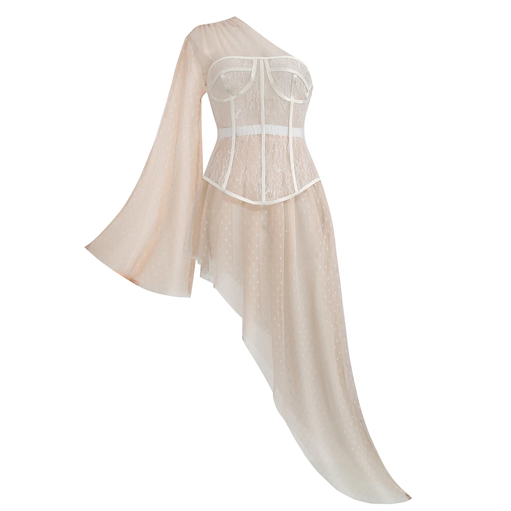 

2021 Summer Sexy See Through Hollow Out Lace Boned Corset Vest Two Sets Full Puff Sleeves Short Formal Party Dress