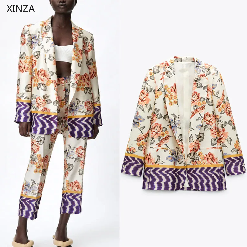 

Женский блейзер с цветочным принтом Za, винтажный блейзер с длинным рукавом, открытыми плечами, верхняя одежда 2021