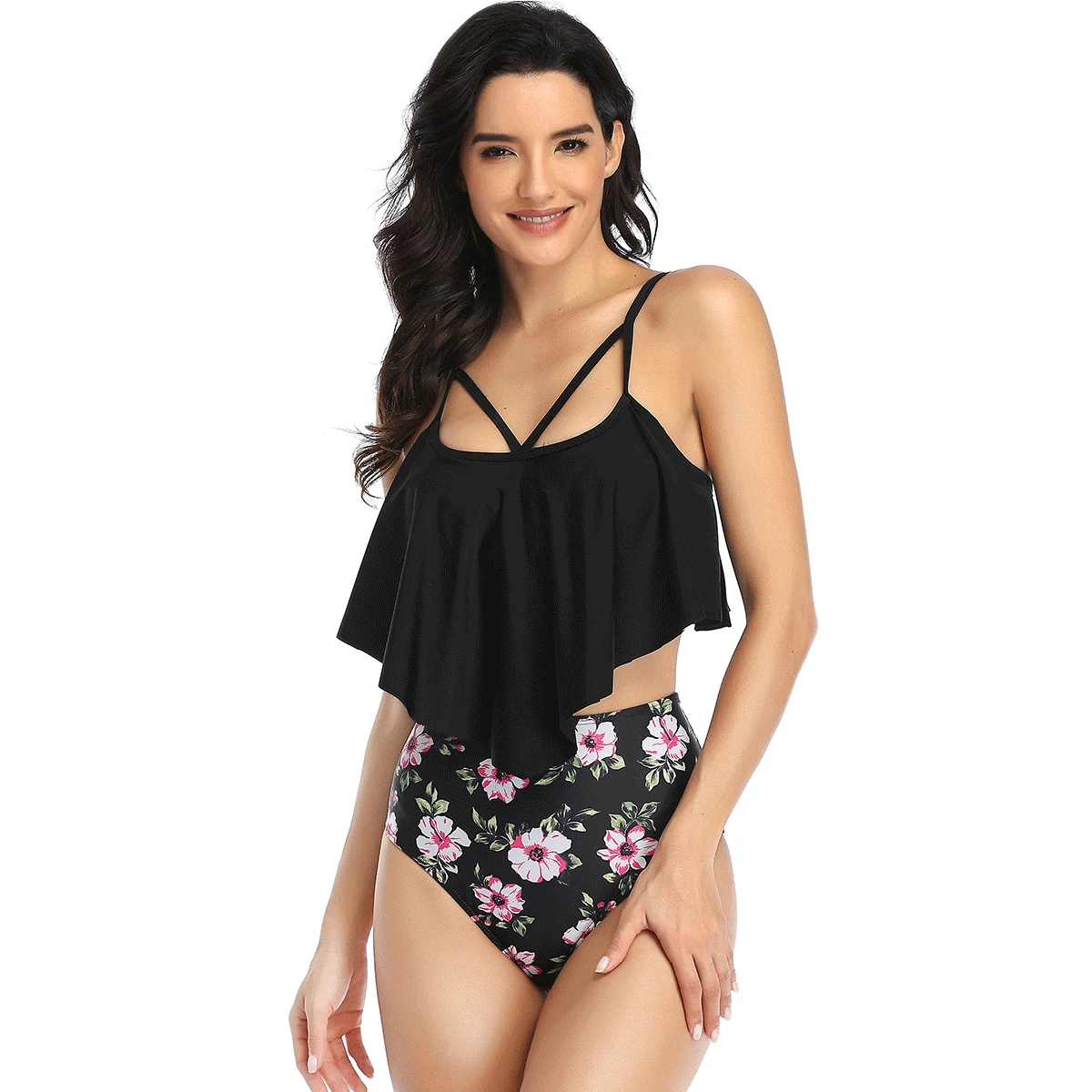 

Купальник женский с оборками, комплект из двух предметов, пляжная одежда с принтом, комплект бикини с завышенной талией, пуш-ап купальники-т...