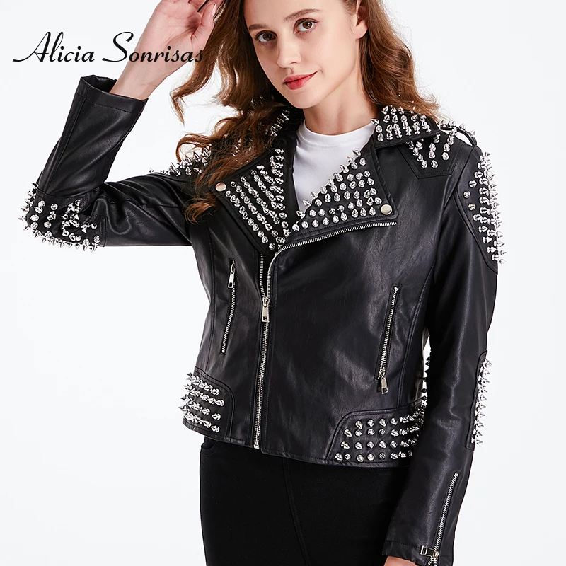 Plus Size S to 4XL Women Faux Moto Leather Jacket Spikes Rivets Slim Metal Silver Rivet Metallic PU Punk Black Biker Coats