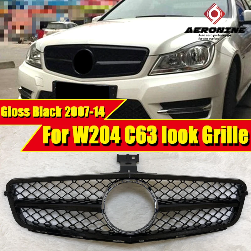 Для Mercedes W204 C204 C Class Sports Bumper C63 Style Передняя решетка гриль грили ABS глянец Черный