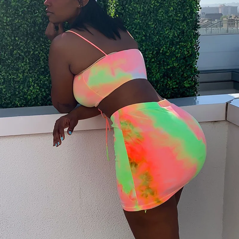 Neon Color Backless Dress Two Piece Set Club Outfit Women Spaghetti Strap Crop Top And Mini Skirt Sexy Summer |