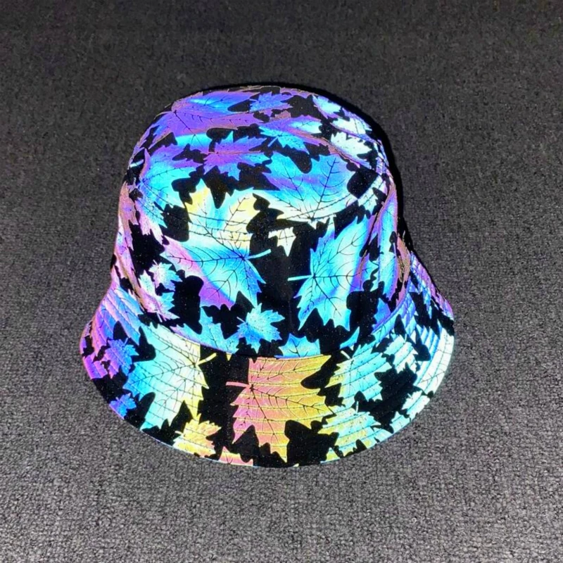 Women Rainbow Bucket Hat Maple Leaf Reflective Light Unisex Club Disco Hip Hop Hat Street Headwear Wide Brim Fisherman Cap