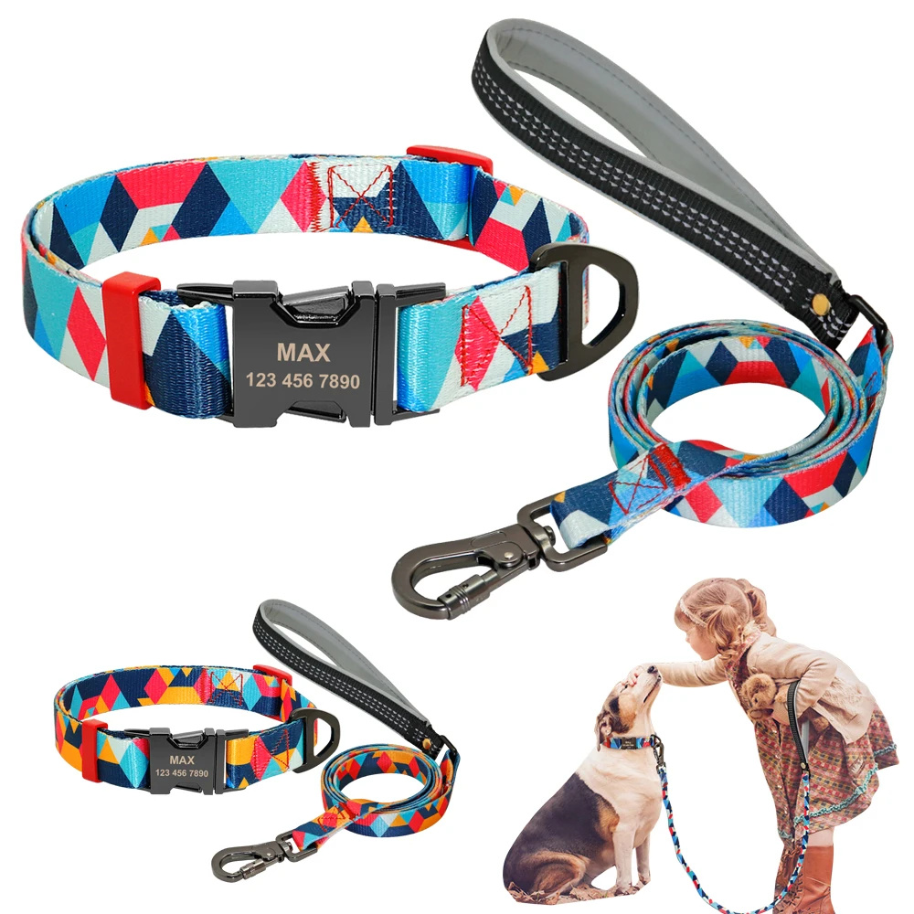 Custom Dog Collar Leash Set Personalized Printed Nameplate ID Collars Nylon Dog Lead For Leash Engraved Pet Tag Collar Pitbull