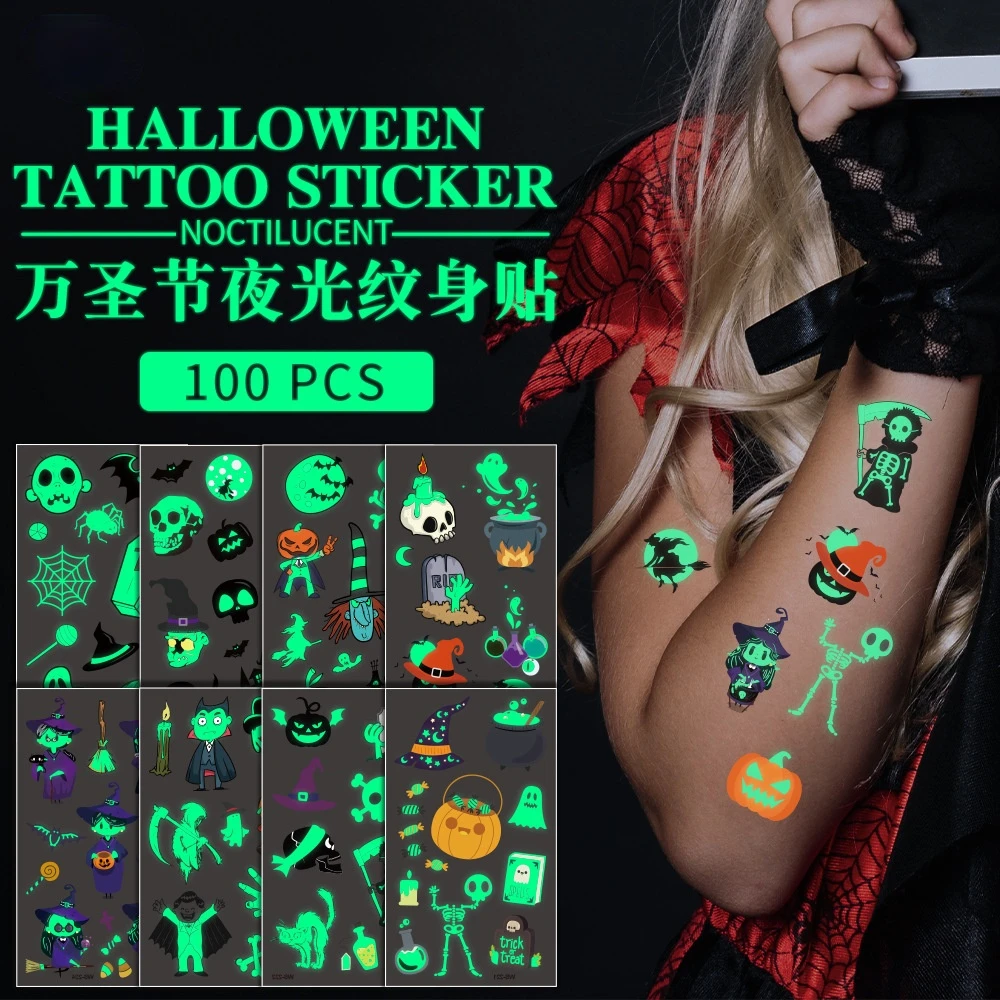 

Halloween Luminous Tattoo Ghost Taty For Kids Fake Tattoo Witch Glowing in Dark Waterproof Temporary Tattoo Stickers Children