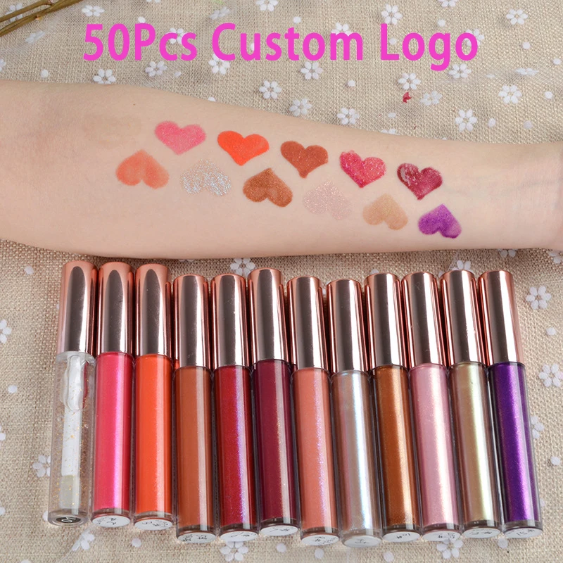 50Pcs 12 Colors Custom Logo Shimmer Shiny Long Lasting Waterproof  Liquid Lipgloss Clear Nude Glitter Makeup Lipstick Wholesale