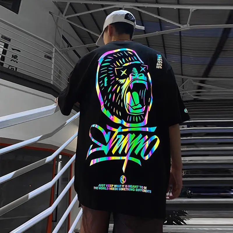Крутая Светоотражающая футболка уличная одежда мужская летняя хлопковая