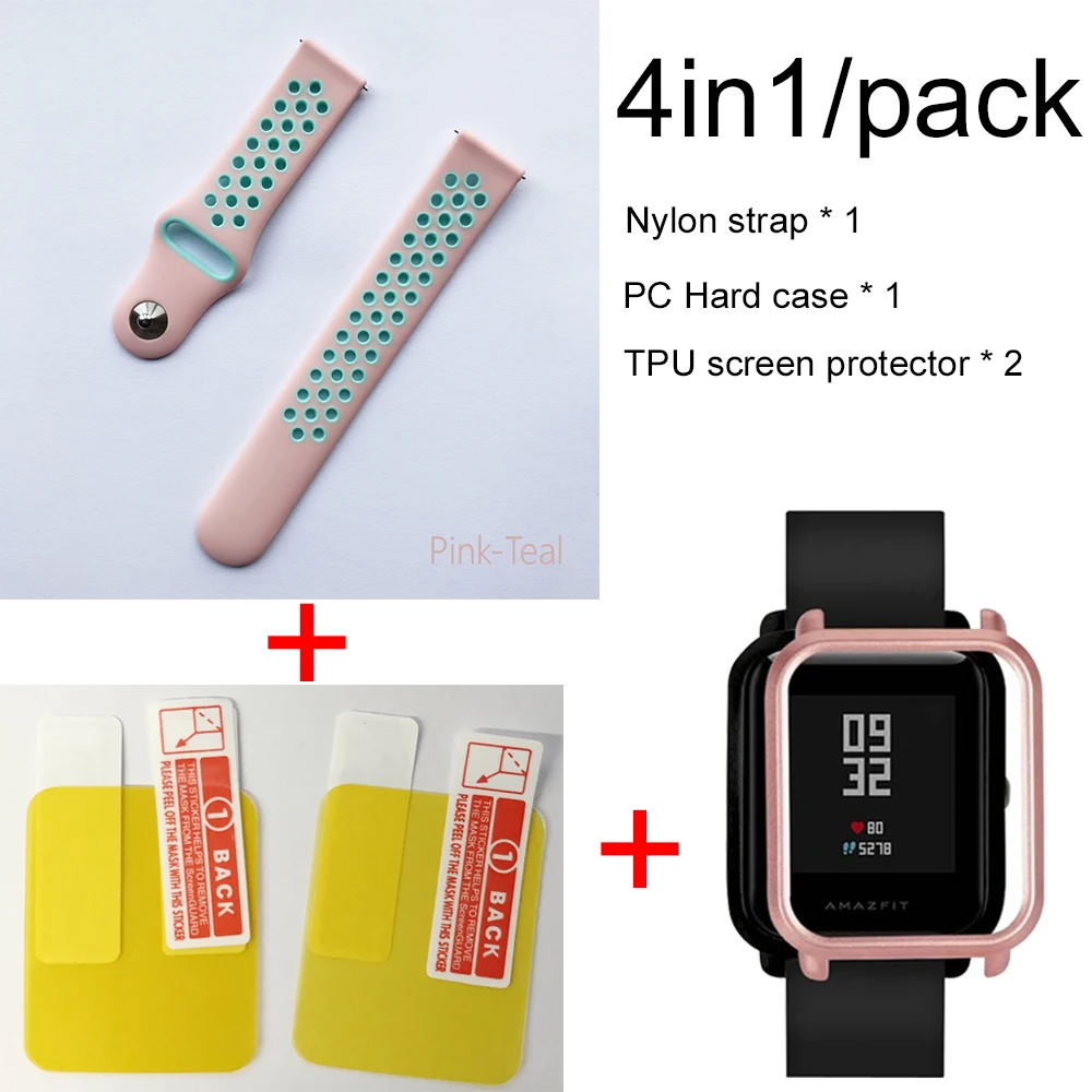 Pink teal-rose pink 4в1 для Xiaomi Huami Amazfit ремешок Bip мягкий спортивный браслет из силикона Smartwatch Браслет с PC чехол Защита экрана - Цвет: Pink teal-rose pink