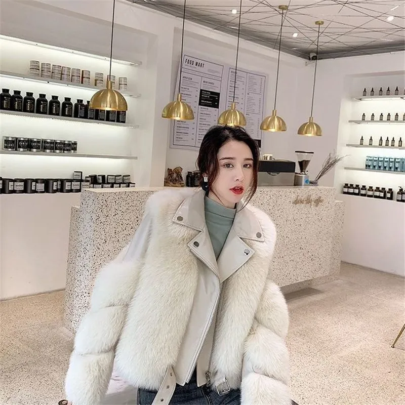 

Fur coat Women 2021 New Faux Fox Fur Leather Stitching Motorcycle Jacket Fall Winter Casual Turn Down Collar Coat Female LR2074