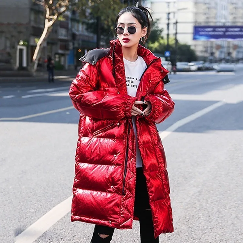 

Luxury Glossy 2020 Winter Jacket Women Long Hooded Thick Warm Down Padded Parka Red Puffer Jackets Ladies Overcoat Female