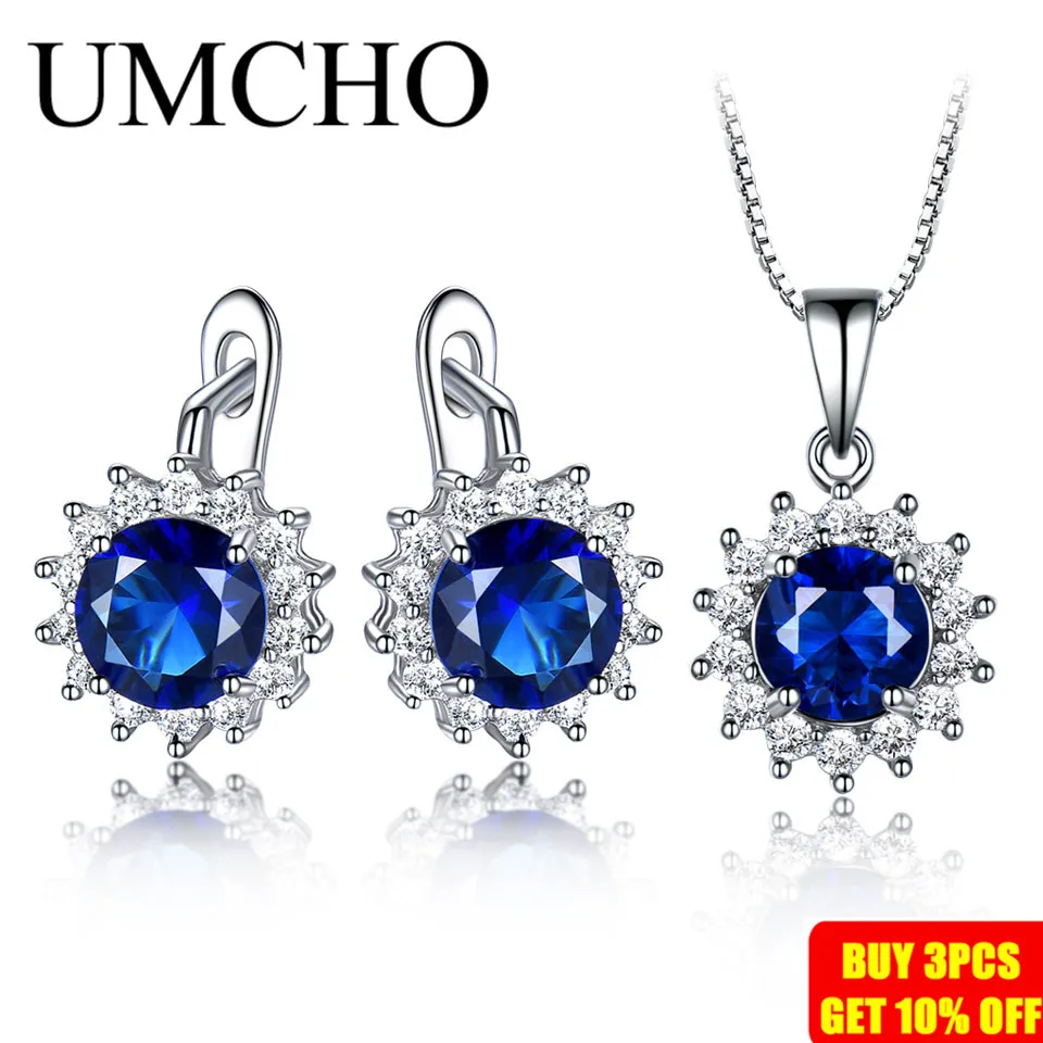 UMCHO 925 пробы, серебряные Ювелирные наборы для женщин, голубой сапфир, драгоценный камень, кулон, ожерелье, клипсы, серьги, свадебные ювелирные изделия, Новинка