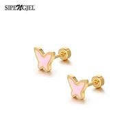 sipengjel fashion red enamel butterfly screw stud earrings stainless steel for women small piercing earrings jewelry gift