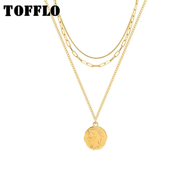 

TOFFLO Stainless Steel Jewelry Portrait Pendant Multi Layered Necklace Female Exaggerated Hip Hop Christmas Clavicle Chain P855