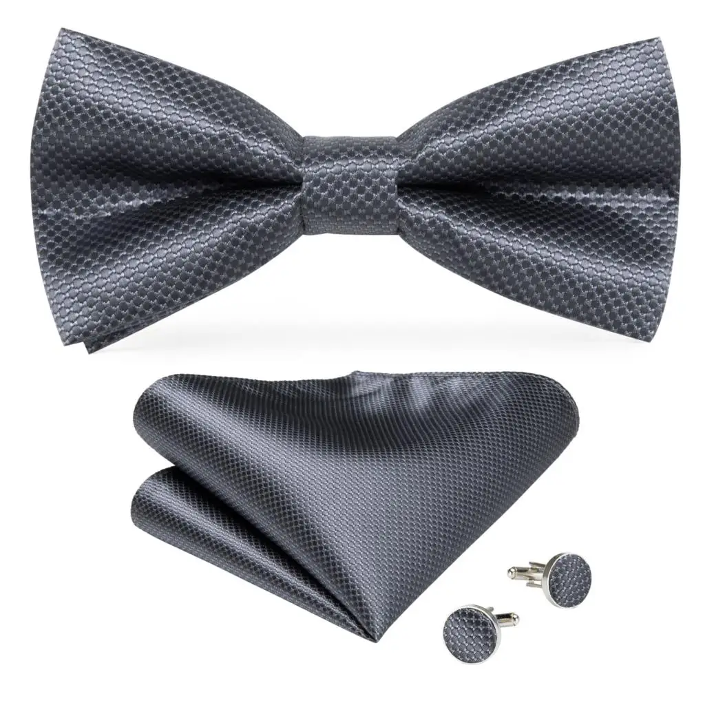 Серый Одноцветный шелковый галстук-бабочка для мужчин Свадебный платок запонки