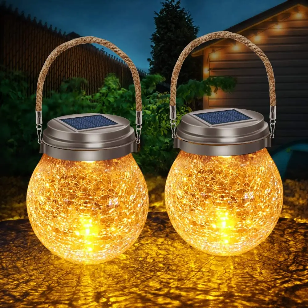 

Solar Powered LED Fairy Mason Jar Lantern lightsd Crystal Crackle Glass Hanging solar Lights for Patio Outdoor Garden Decorative