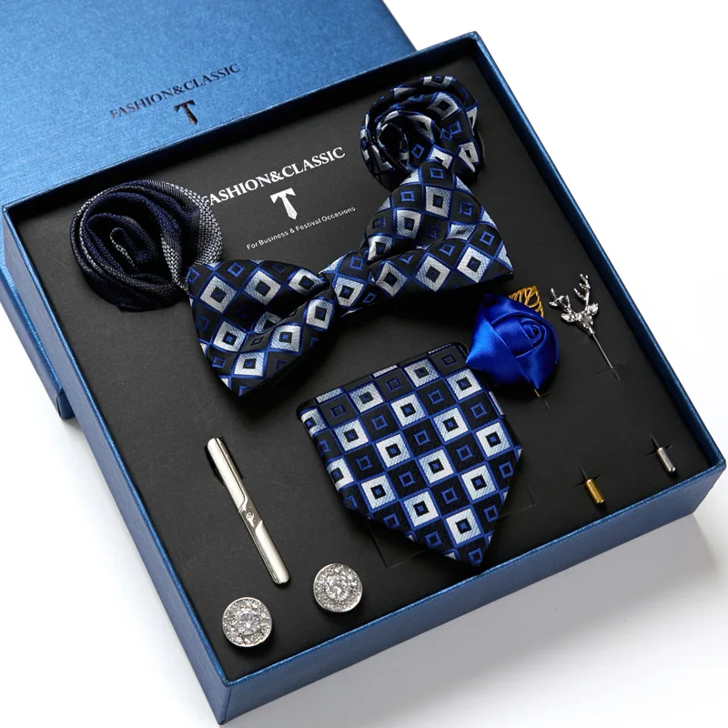 

Mens Tie Blue Black 100% Silk Classic Gravata Bowtie+Hanky+Brooch+Cufflinks &Tie Clip Set For Men Formal Wedding Party