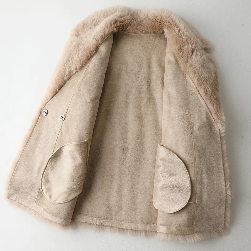 Luxury Women Coat Composite Fur and Wool Fur High Quality Outwear Warm Thick White Pockets Genuine Leather Woolen Warm Jackets