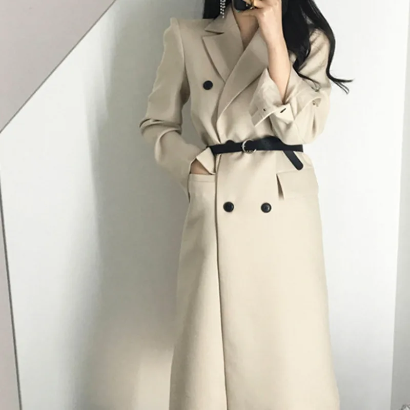 Новый осенний Длинный блейзер для женщин элегантное модное пальто на пуговицах с