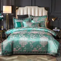 Green Jacquard Silk Cotton Home Textile Bedding Sets Luxury 4pcs Lace Embroidery Satin Duvet Cover Bed Sheet Set Queen King Size