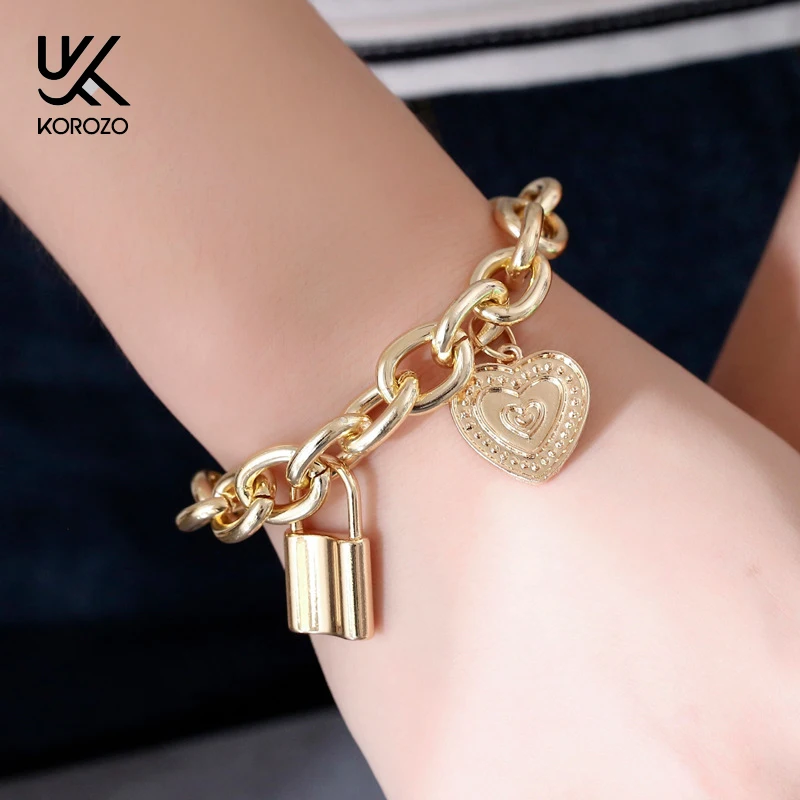 Мода сплав резной Любовь Сердце толстая цепочка браслет панк любовник замок