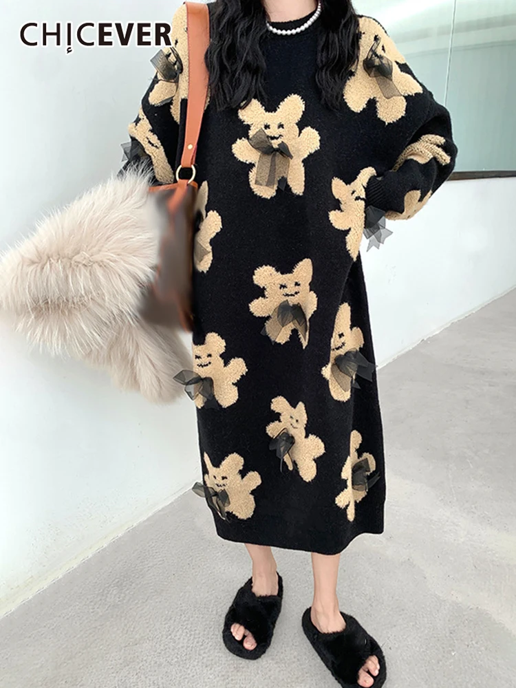 

CHICEVER Sweet Patchwork Bowknot Midi Dress For Women Round Neck Long Sleeve Straight Loose Colorblock Dresses Female 2021 Style