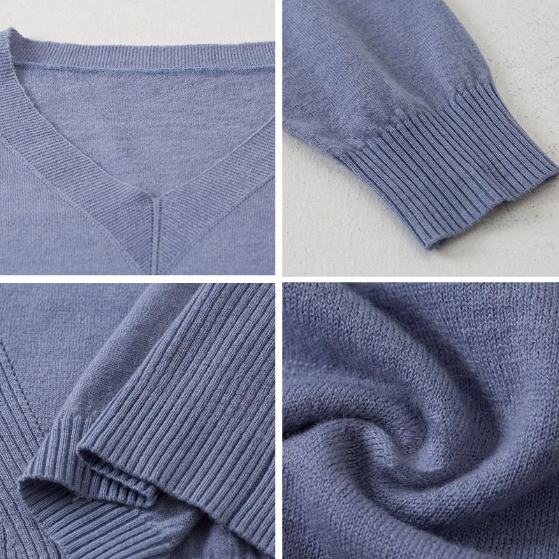 

Classic V-Neck Solid Long Sleeve Loose Pullovers Women Casual Loose Spring Knitted Sweaters Fashion Ribbed Knitwear Tops