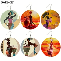 somesoor african tribal culture arts painted wooden drop earring afro headwrap woman wood loops dangle jewelry for blacks gifts