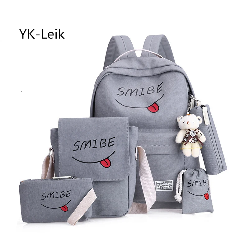 5pcs/set Korean version Smiley expression backpacks Canvas School bag for teen girls Women casual travel backpack Shoulder Bag