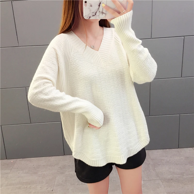 

Women's Sweater Loose V-neck Pullover Sweater Female Winter Knit Sweaters Plus Size