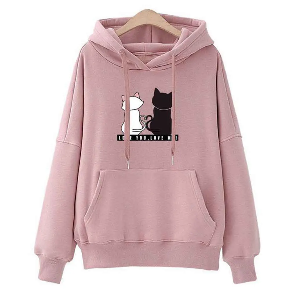 

Hoodie Print Cute Cartoon Cat Animal Sweatshirts Women Korean Pullover Hoodie Tops Casual Loose Coats Tie Collar Full